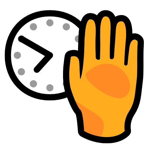 A raised yellow hand and a clock.